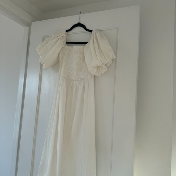 Reformation White Smocked Midi Puff Sleeve Dress Flowy Square Neck Bridal - Picture 3 of 8